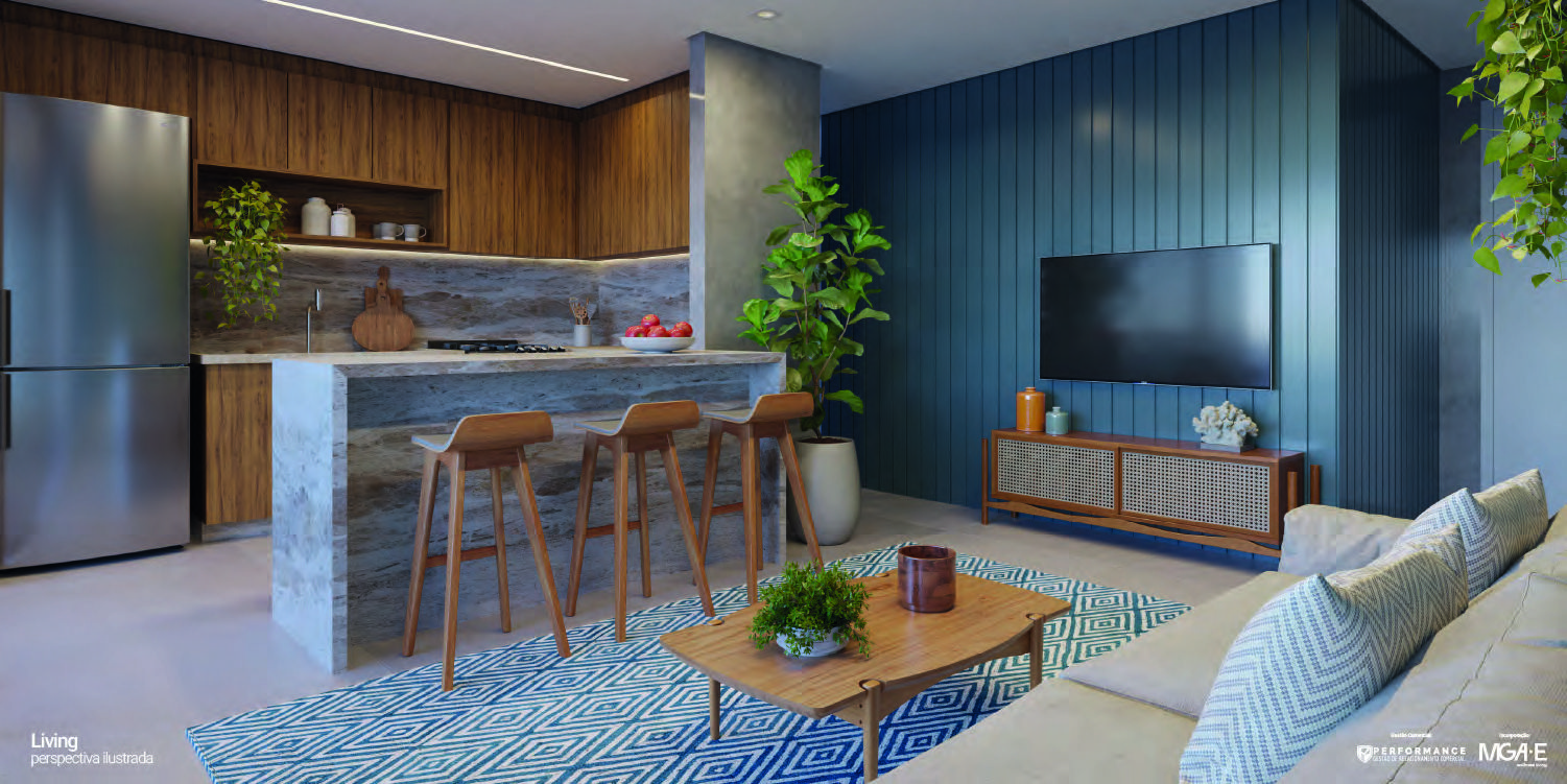 Reserva Alto do Forte — Bangalôs de 3 quartos com lazer na natureza de Praia do Forte — Perspectiva da sala com cozinha integrada, bancada em granito e painel ripado na parede da TV.