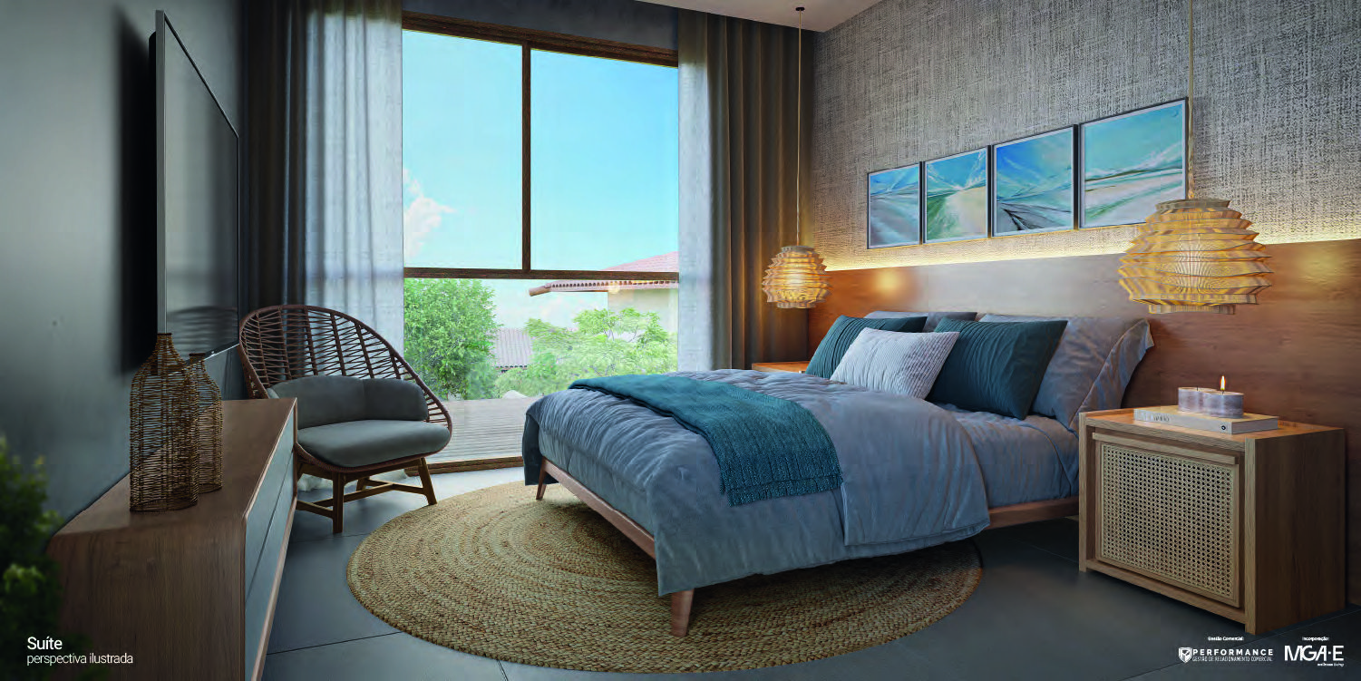 Reserva Alto do Forte — Bangalôs de 3 quartos com lazer na natureza de Praia do Forte — Perspectiva da suíte com cama de casal, poltrona e vista para a natureza.
