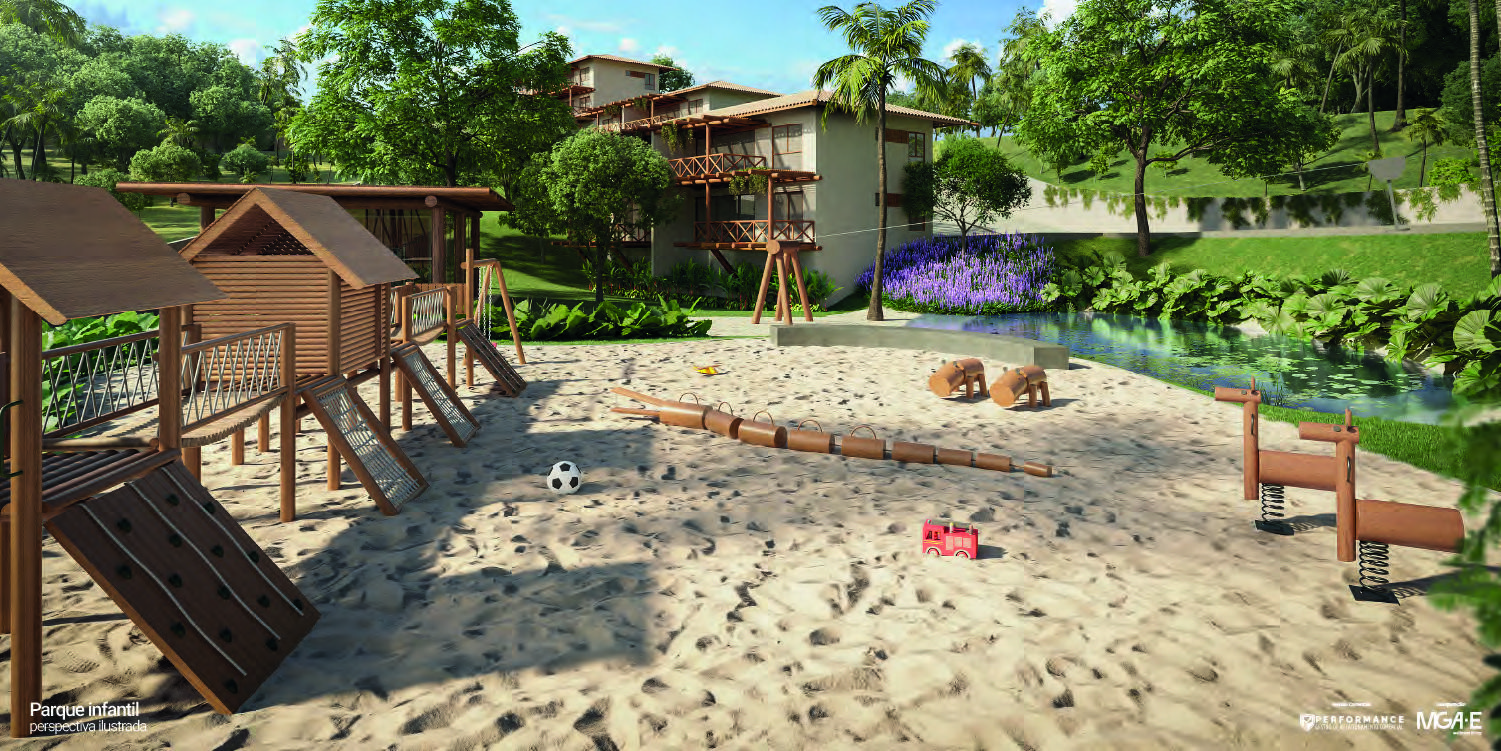Reserva Alto do Forte — Bangalôs de 3 quartos com lazer na natureza de Praia do Forte — Perspectiva do Parque infantil com brinquedos de madeira em área de areia, ao lado de um lago.