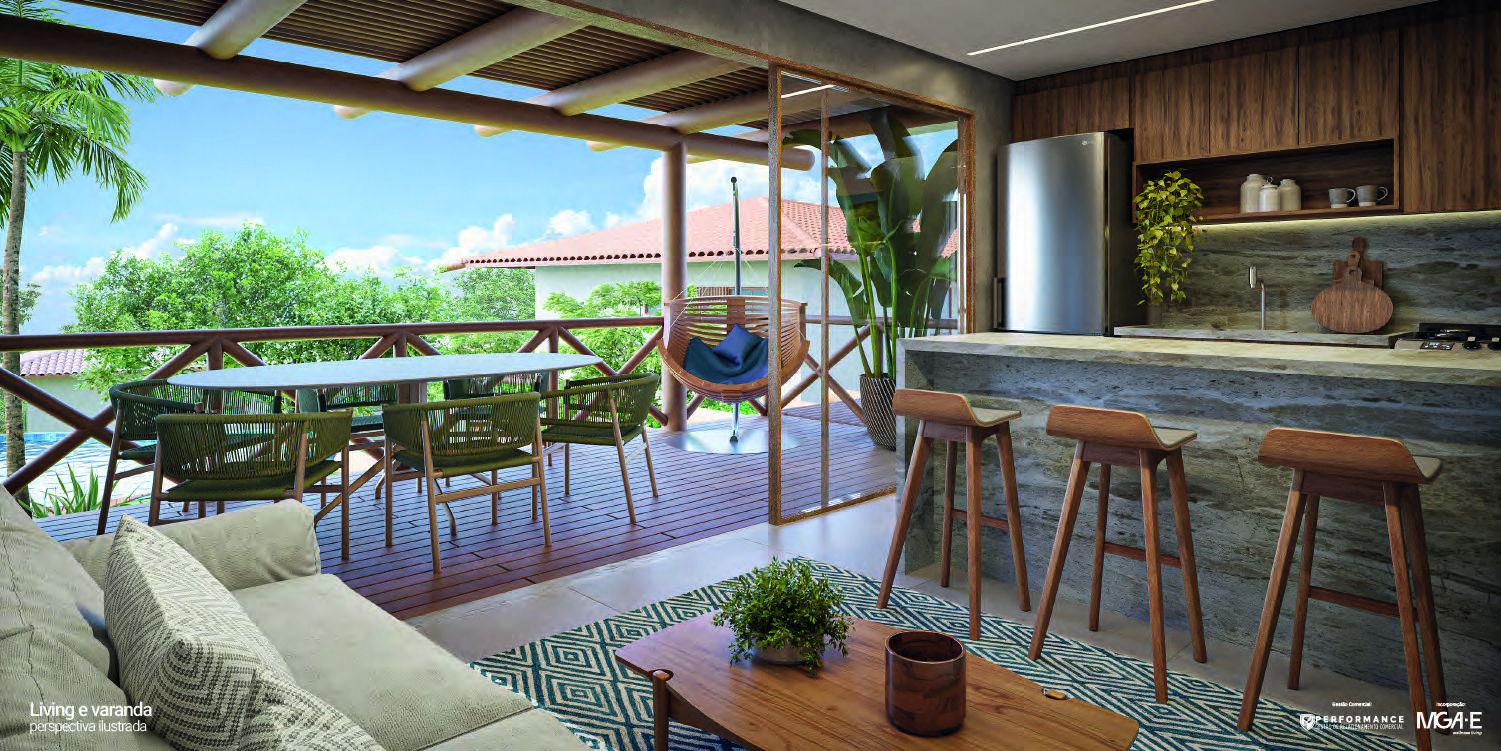 Reserva Alto do Forte — Bangalôs de 3 quartos com lazer na natureza de Praia do Forte — Perspectiva da varanda integrada à sala e cozinha, com mesa de jantar e vista para a natureza.