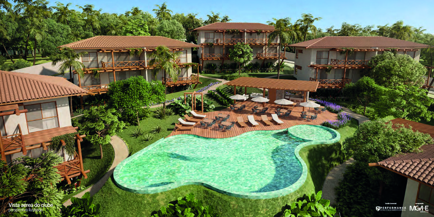 Reserva Alto do Forte — Bangalôs de 3 quartos com lazer na natureza de Praia do Forte — Perspectiva aérea do clube com piscina em formato orgânico, deck e bangalôs ao redor.
